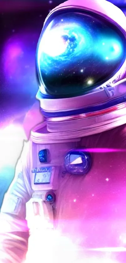 Astronaut with galaxy reflection helmet, vibrant cosmic colors.