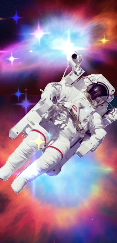 Astronaut floats in vivid cosmic colors with stars.