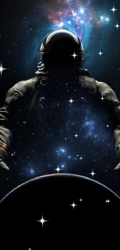 Astronaut silhouette against a cosmic galaxy background with stars.