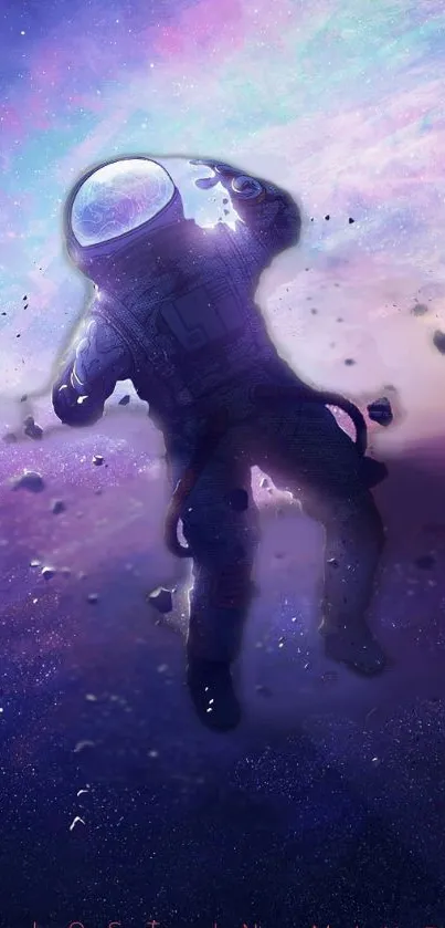 Astronaut floating in vibrant cosmic space with galaxy background.