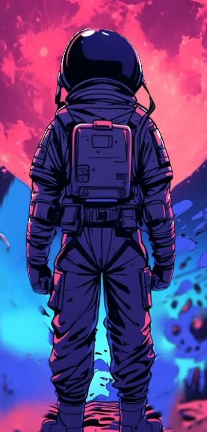 Colorful digital illustration of an astronaut with cosmic lunar background.