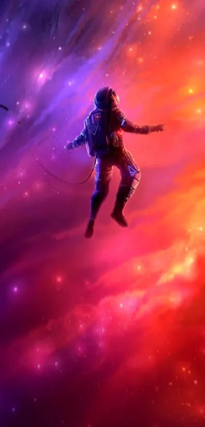 Astronaut floating in vibrant orange cosmic scene.