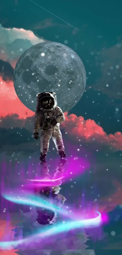 Astronaut against moon and neon space clouds.