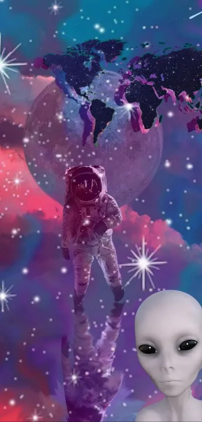 Astronaut and alien in a cosmic landscape with stars and world map.