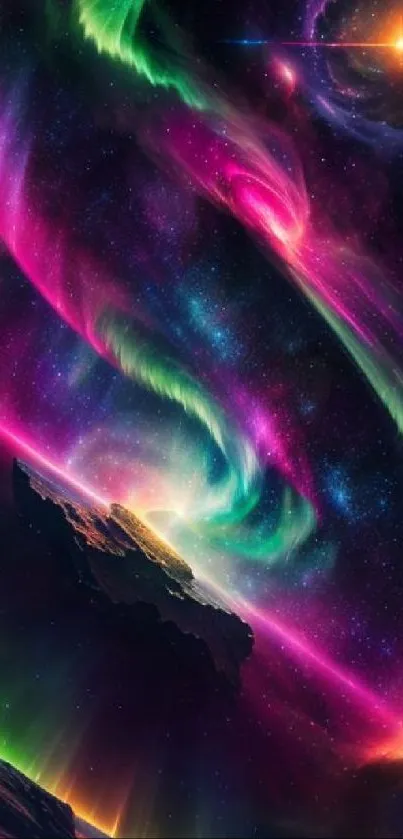 Vibrant aurora borealis over a galaxy landscape with vivid colors.