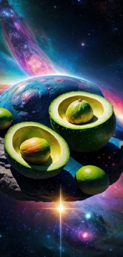 Surreal galaxy wallpaper with avocados in space.
