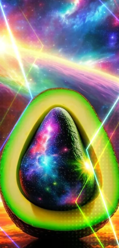 Vibrant cosmic avocado set against a colorful galaxy backdrop for mobile wallpaper.