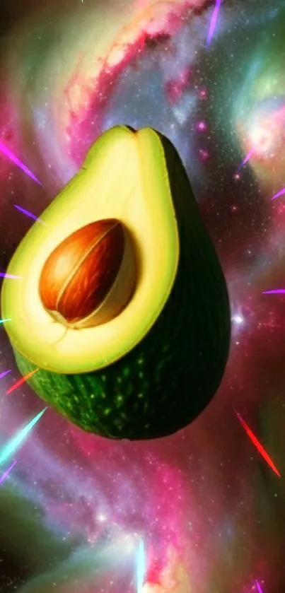 Floating avocado against vibrant cosmic galaxy.