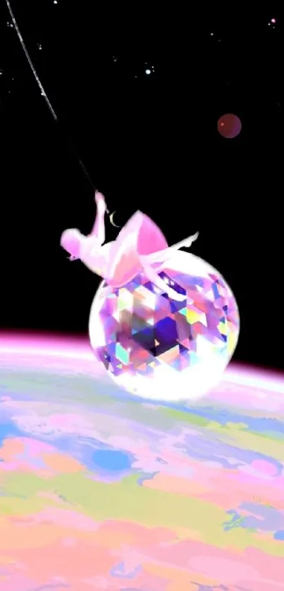 Artistic cosmic scene with a dancer on a crystal-like sphere above a pastel planet.