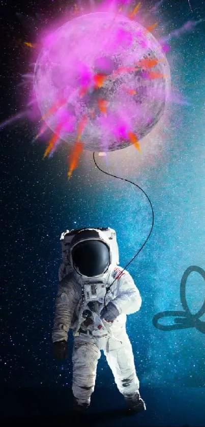 Astronaut with a vibrant planet balloon in a cosmic galaxy background.