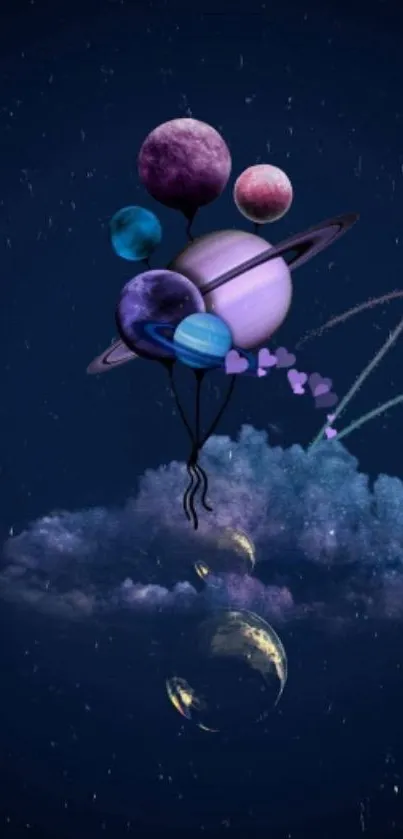 Surreal night sky wallpaper with planets as balloons floating above clouds.