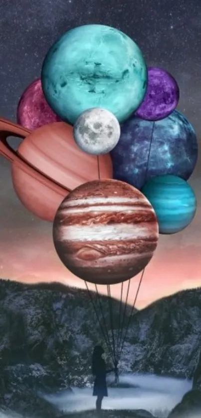 Surreal wallpaper of planets as balloons in a starry nightscape with a silhouette.