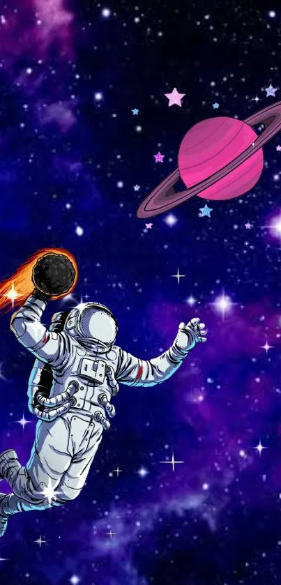 Astronaut playing basketball in space with stars and a purple planet backdrop.