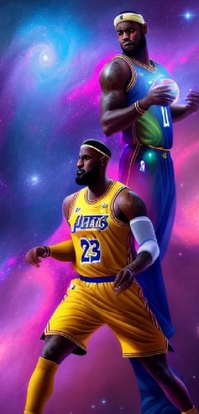 Basketball players in a cosmic galaxy-themed wallpaper.