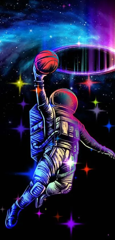 Astronaut dunking a basketball in space with vibrant, cosmic colors.