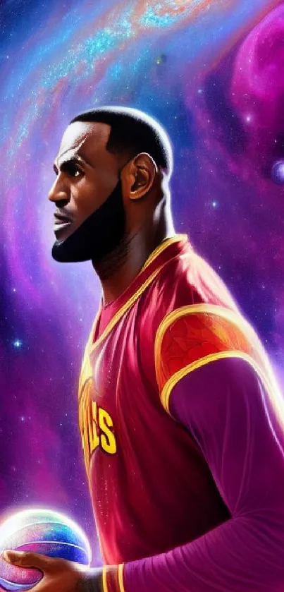 Vibrant cosmic artwork featuring a basketball player in a galaxy theme.