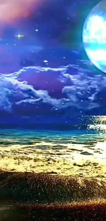 Cosmic beach wallpaper with ocean waves under a starry night sky and glowing moon.