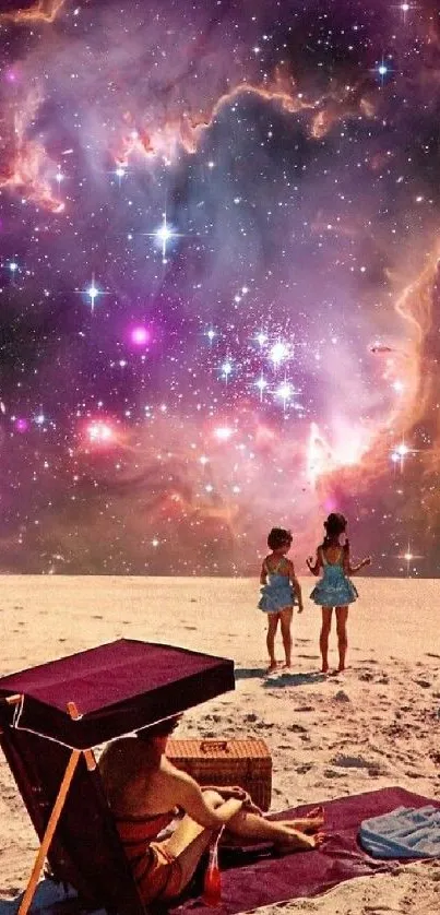 Children at a beach with a colorful cosmic sky background.