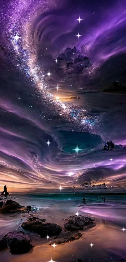 Enchanting cosmic beach scene with purple skies and starry night.