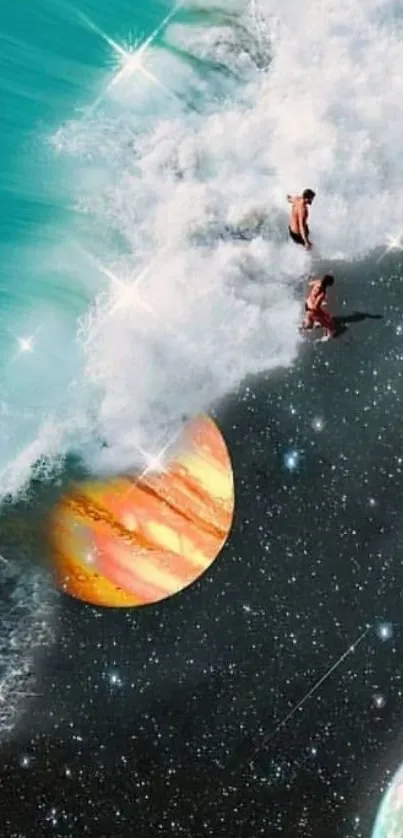 Surreal cosmic beach with planets and ocean waves in mobile wallpaper.