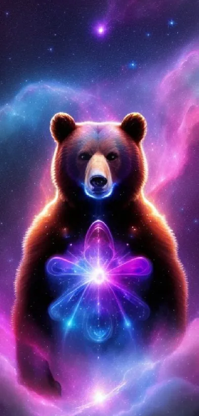 A vibrant cosmic bear in a purple galaxy background.