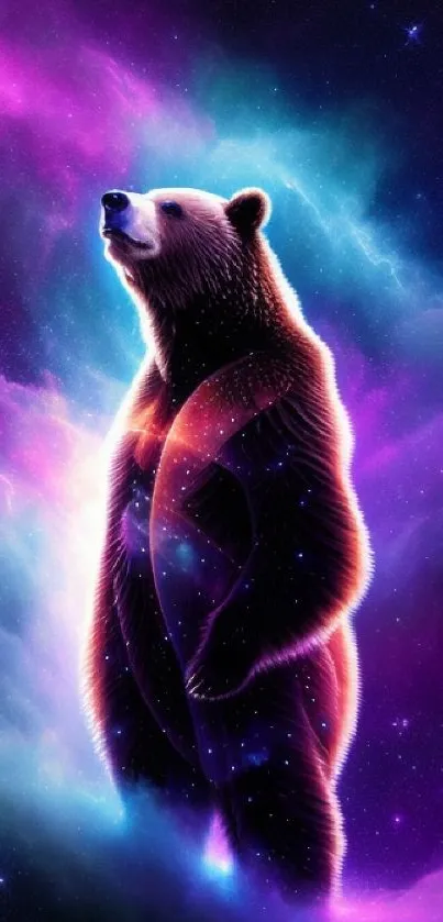 Majestic cosmic bear in a neon purple galaxy scene.