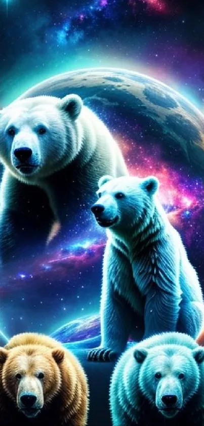 Cosmic wallpaper featuring bears in a galaxy backdrop with vibrant colors.
