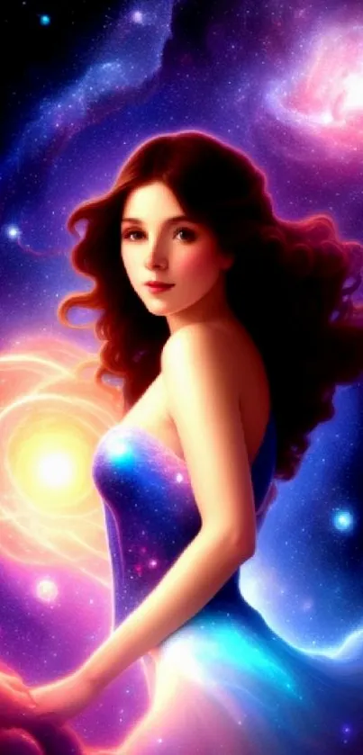Fantasy cosmic woman surrounded by galaxies and vibrant colors.