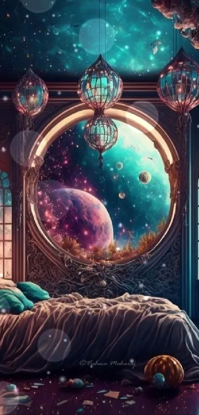 Dreamy cosmic bedroom with celestial view and teal accents in wallpaper.