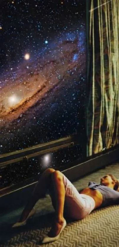 Woman in bedroom gazing at starlit galaxy through window.