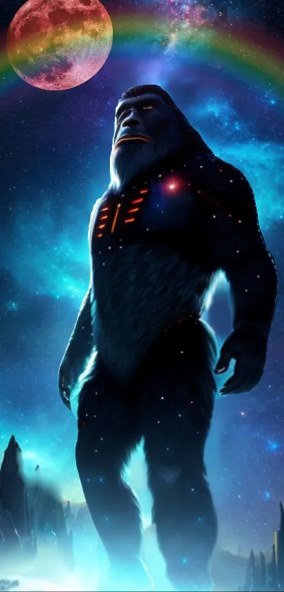 Cosmic Bigfoot under a rainbow in space.