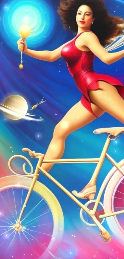 Vibrant fantasy art of woman cycling in space.