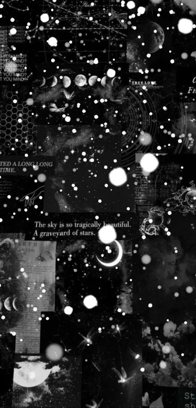 Black and white cosmic collage with stars and moons.