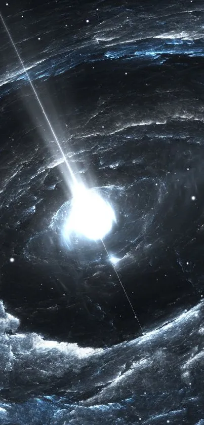 Stunning cosmic black hole vortex with radiant light in space.