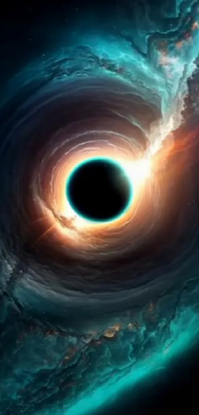 Cosmic black hole mobile wallpaper with vibrant turquoise and orange spirals.
