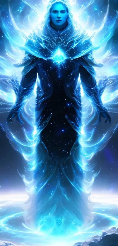 Blue energy figure with cosmic glow on mobile wallpaper.