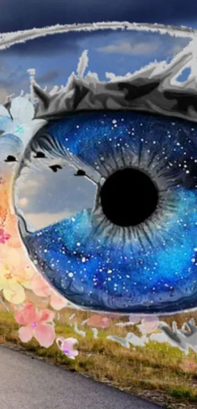 A cosmic blue eye with vivid fantasy elements and natural scenery.