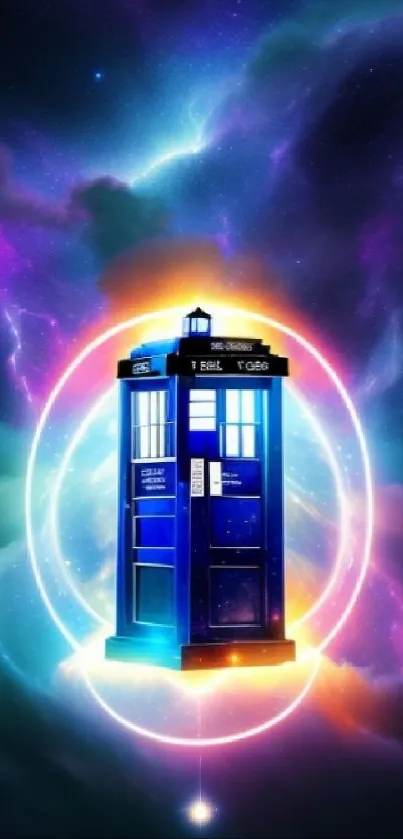 Vibrant blue phone booth in a cosmic nebula background.