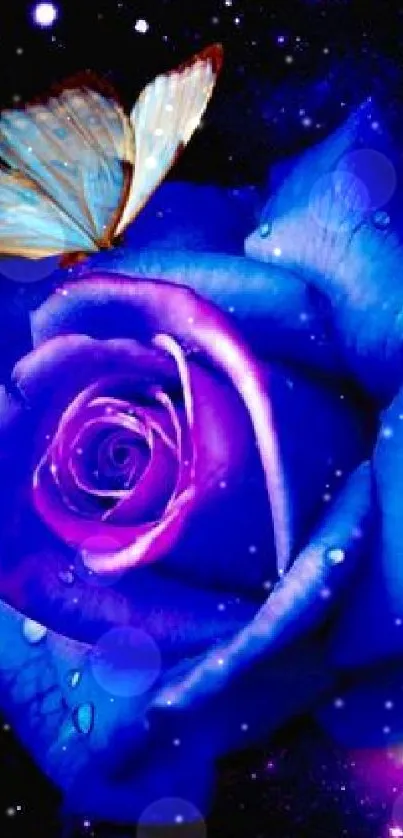 Blue roses and butterflies in cosmic galaxy wallpaper.