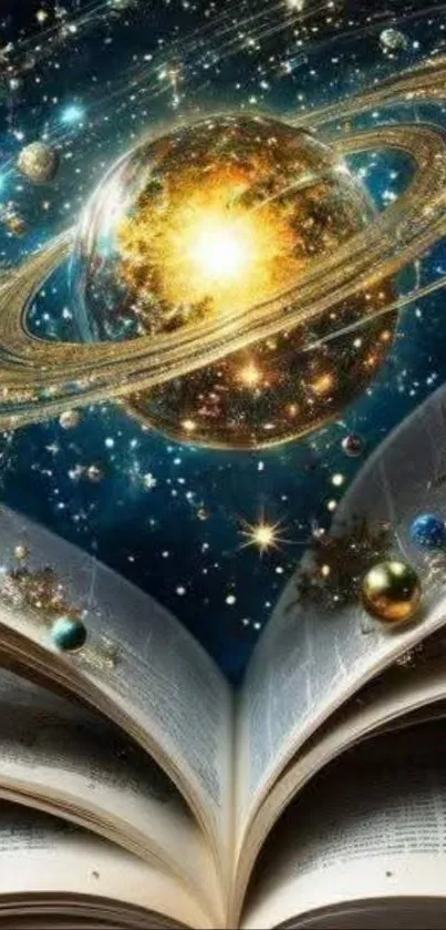 Open book with swirling cosmic planets and stars against a vibrant backdrop.