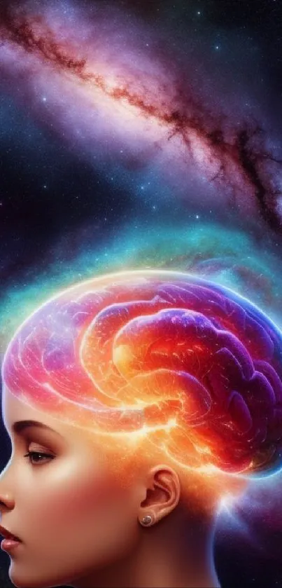 Woman with a glowing brain in a cosmic nebula background.