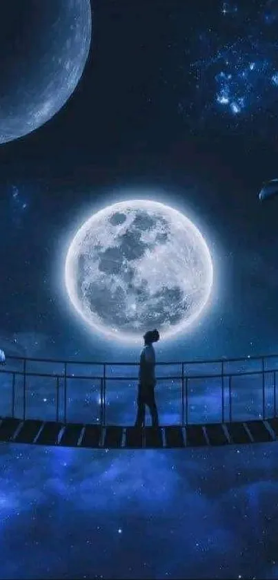 Person on bridge in a cosmic starry night scene with full moon.