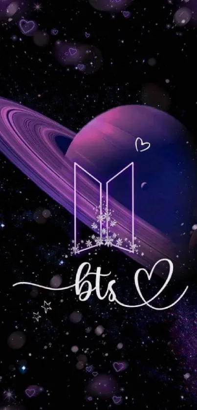 Purple space-themed wallpaper with a planet and heart designs.