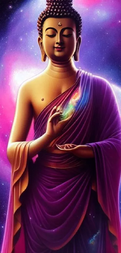 Buddha statue with a cosmic purple galaxy background.