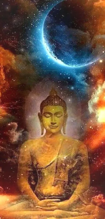 Cosmic Buddha art with celestial background.