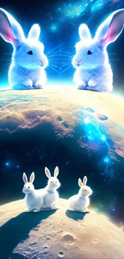 Two luminous bunnies atop moons in cosmic space.