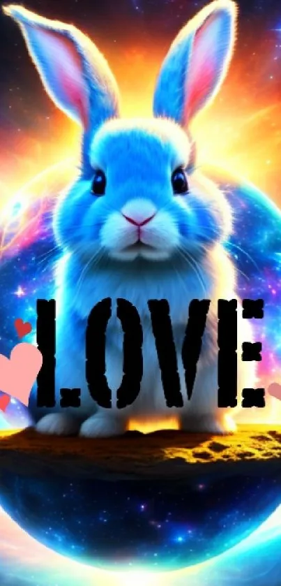 Cute cosmic bunny with LOVE text in vibrant colors.