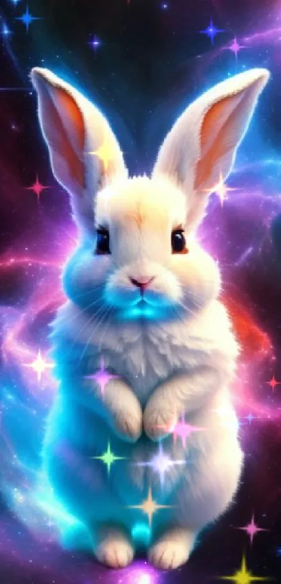 Cute white rabbit in a cosmic galaxy with vibrant nebula colors.