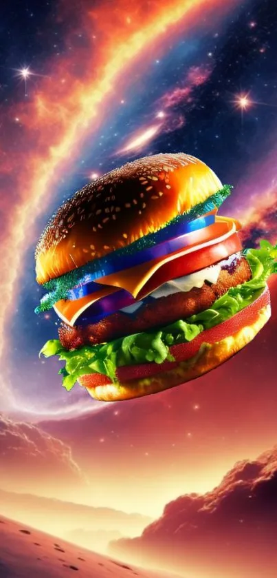 Vibrant cosmic burger floating in space with galaxy backdrop.