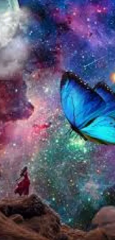 Vibrant blue butterfly in a cosmic galaxy dreamscape with moonlit skies.